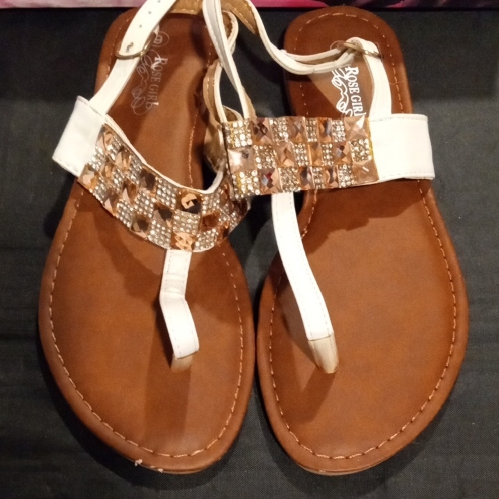 Tan and White Embellished  Thong Sandals